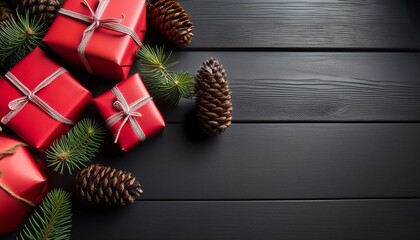 Wall Mural - red christmas presents with pine cones on a black wooden surface