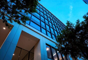 Looking Up modern high-rise office buildings with blue sky in the background, ai