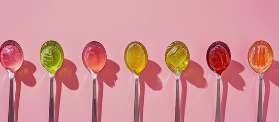 Aufkleber - Spoons filled with jelly candies displayed on a pink backdrop with available copy space image