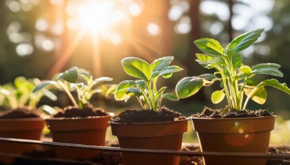 fresh green plants growing in pots with sunlight shining in the background symbolizing growth and new beginnings