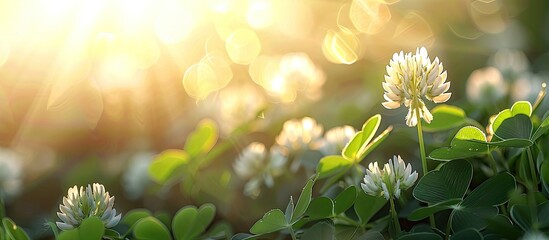 Aufkleber - A serene summer scene with green leaves and a white flower in the soft evening sunlight perfect for a copy space image