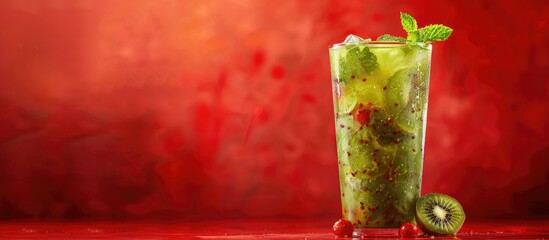 Poster - Refreshing cocktail with kiwi and mint in a glass set against a red backdrop with ample copy space image