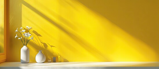 Aufkleber - Yellow background wall with shadowed studio backdrop showcases products providing a perfect copy space image for text and product presentation