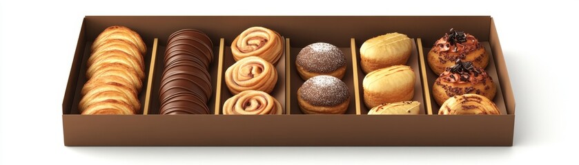 A bakery box with assorted pastries, packaging element, 3D illustration, ready to go, isolated on white background