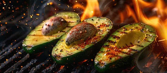 Poster - Grilled slices of fresh avocado at a health food BBQ displayed against a backdrop with copy space image