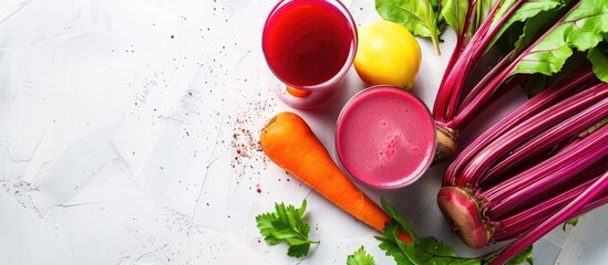 Aufkleber - Flat lay of ripe vegetables and a glass of fresh beet juice on a white table providing ample copy space for text