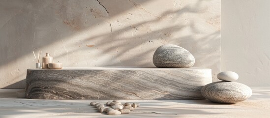 Poster - Create an alluring podium backdrop using textured natural stones perfect for showcasing products like medicine perfumery jewelry and cosmetics in a copy space image