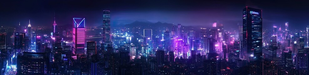 Wall Mural - Night view of the city illuminated with neon lights and skyscrapers.