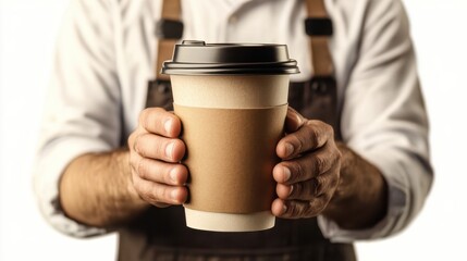 a barista holding a togo coffee cup, coffee element, realistic style, professional and welcoming, is