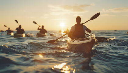 Wall Mural - A man paddles a kayak in the ocean with other kayakers in the background