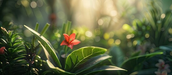 Sticker - Close up of a small red flower in sunlight with a copy space image set against a backdrop of lush green plants for an eco friendly wallpaper design