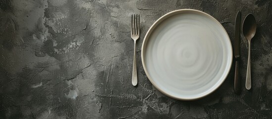 Canvas Print - Dark textured concrete background with a round ceramic plate and cutlery setting the scene for dinner preparation with copy space image