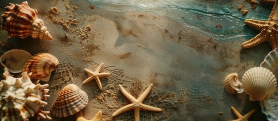 Poster - A beach themed setting with seashells or starfish on a table surface featuring a blank area for text known as a copy space image