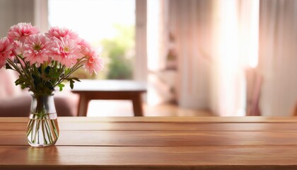 Wall Mural - a wooden table with a vase of pink flowers on it