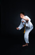 © Алена Мишина - A young judoka in a white kimono with a yellow belt strikes from the leg