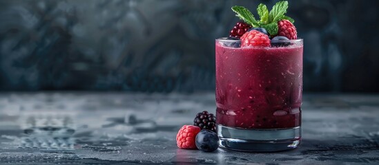 Poster - A glass of delicious acai juice garnished with mint and berries on a textured grey table with room for a message in a copy space image