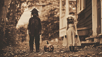 Wall Mural - A vintage-inspired Halloween scene features two children wearing skeletal masks, one dressed in a rustic outfit and the other in a white dress, with a carved pumpkin nearby