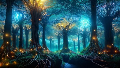 Wall Mural - surreal bioluminescent forest with neural pathways