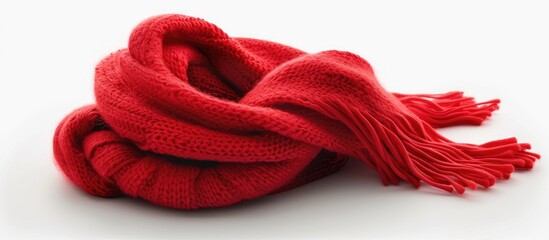 An isolated red scarf against a white background creating a single object with ample copy space for a Christmas themed image