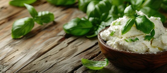 Aufkleber - Wooden table with fresh ricotta and basil close up view for copy space image