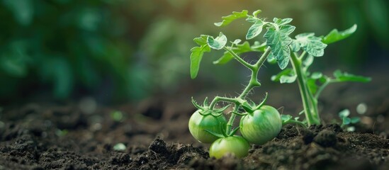 Aufkleber - A young tomato plant with green unripe tomatoes growing in soil is featured in a home greenhouse garden with ample copy space image