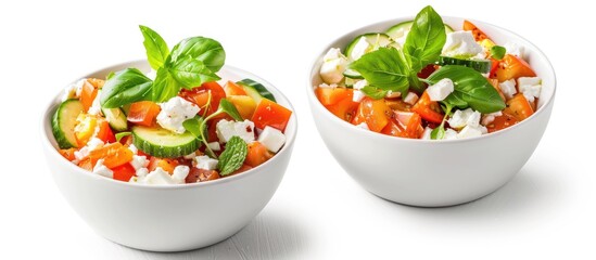 Aufkleber - Fresh vegetable salad bowls with cucumber feta cheese on a white background copy space image