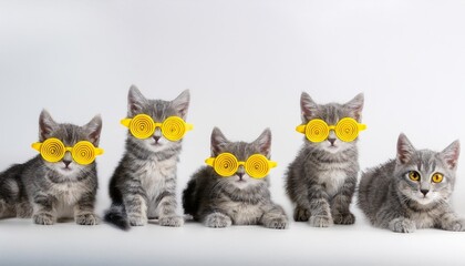 gray striped kittens on a light background with yellow glasses