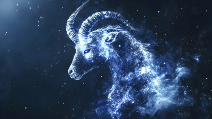 a celestial goat, a depiction of the zodiac sign capricorn, formed from twinkling stars and a flowin