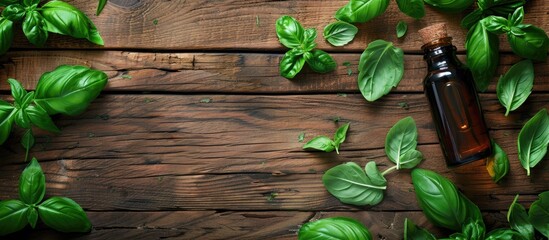 Sticker - Fresh basil leaves and essential oil displayed on a wooden background for aromatherapy and herbal medicine featuring a designated area for text within the image. Creative banner. Copyspace image