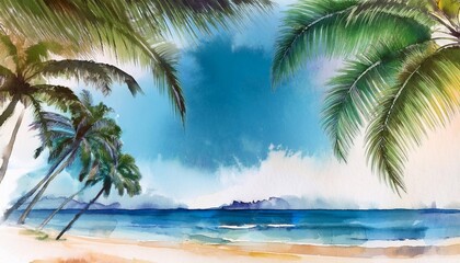 Wall Mural - tropical beach with palm trees watercolor background