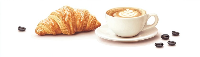 A cup of coffee with a croissant, breakfast element, realistic style, warm and inviting, isolated on white background