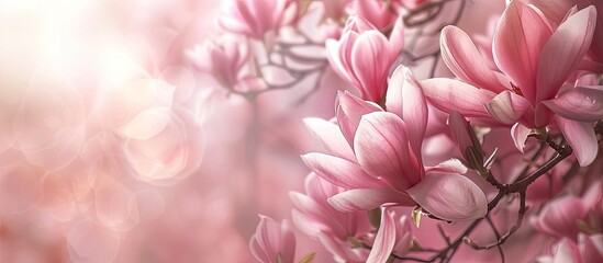 Aufkleber - Pink magnolia flowers on a blossoming magnolia tree creating an elegant copy space image
