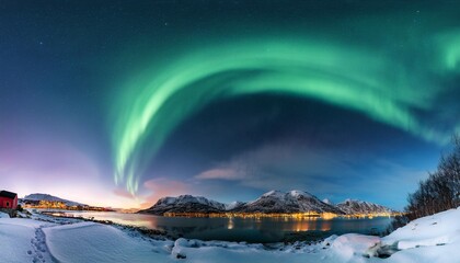 Wall Mural - a spiral aurora borealis over the northern norway near tromso high resolution panorama northern lights high quality photo