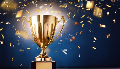 golden trophy with confetti and glowing particles on dark blue background