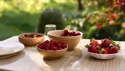 Poster - a lunch table outside with bowls of fruit strawberries raspberries pomegranate