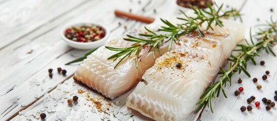 Poster - Close up of raw cod fish rosemary and spices on a white wooden table with space for text in the image. Creative banner. Copyspace image