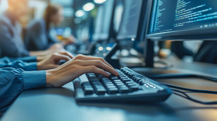 Hands typing on a computer keyboard in an office