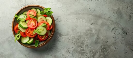 Aufkleber - Fresh vegetable salad in a bowl with tomato and cucumber on a grey background ideal for copy space image