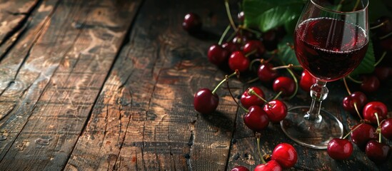 Poster - Homemade cherry wine or liquor with ripe red cherries on table for copy space image