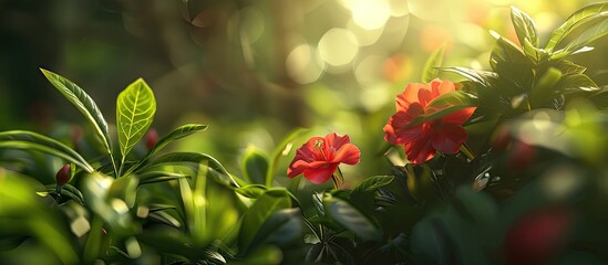 Sticker - Close up of a small red flower in sunlight with a copy space image set against a backdrop of lush green plants for an eco friendly wallpaper design