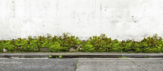 Aufkleber - Moss stained white plaster wall with a concrete sidewalk and asphalt road in front a house in the background Ideal grunge background with copy space image