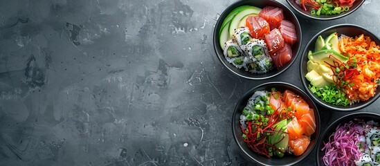 Sticker - Delicious poke bowls displayed on a textured gray background with copy space image