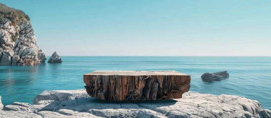 Poster - A picturesque wooden block crafted from a tree trunk serves as a table top against a scenic backdrop of a beach blue sea rocks and a rocky mountain island providing ample copy space for products and