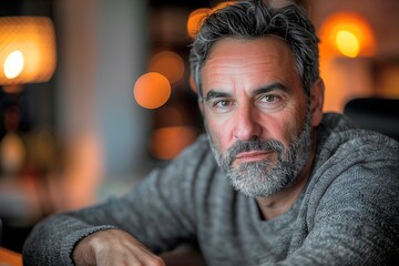 Middle-aged man with a beard poses indoors in cozy lighting, copy space for text