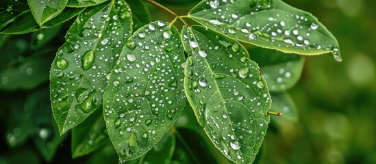 Aufkleber - A detailed shot showing water droplets on a leaf perfect with copy space image