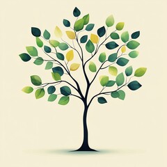 Wall Mural - Simple Tree in Minimalist Style:  A solitary tree with delicate green and yellow leaves, set against a soft beige background. The clean lines and minimalist style evoke a sense of tranquility and grow