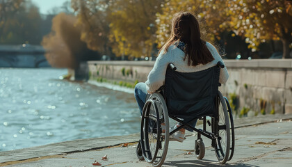 Wall Mural - A woman in a wheelchair is sitting on a sidewalk near a body of water