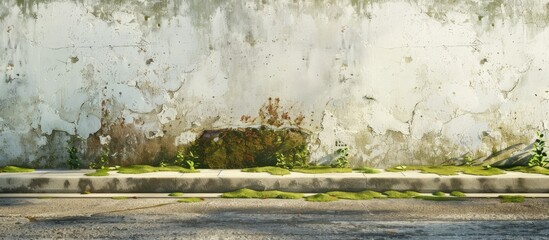 Leinwandbilder - Moss stained white plaster wall with a concrete sidewalk and asphalt road in front a house in the background Ideal grunge background with copy space image