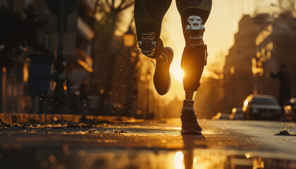 Wall Mural - A man with a prosthetic leg runs down a city street