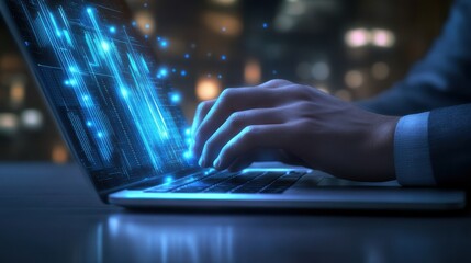 Businessman typing on laptop with hologram graphs in blue light, night office background